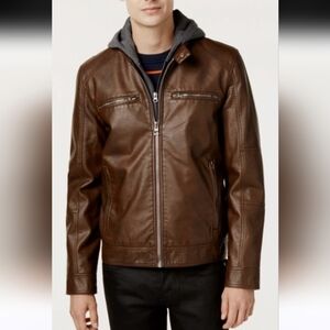 Guess Men's Faux Leather Hooded Moto Jacket Windbreaker